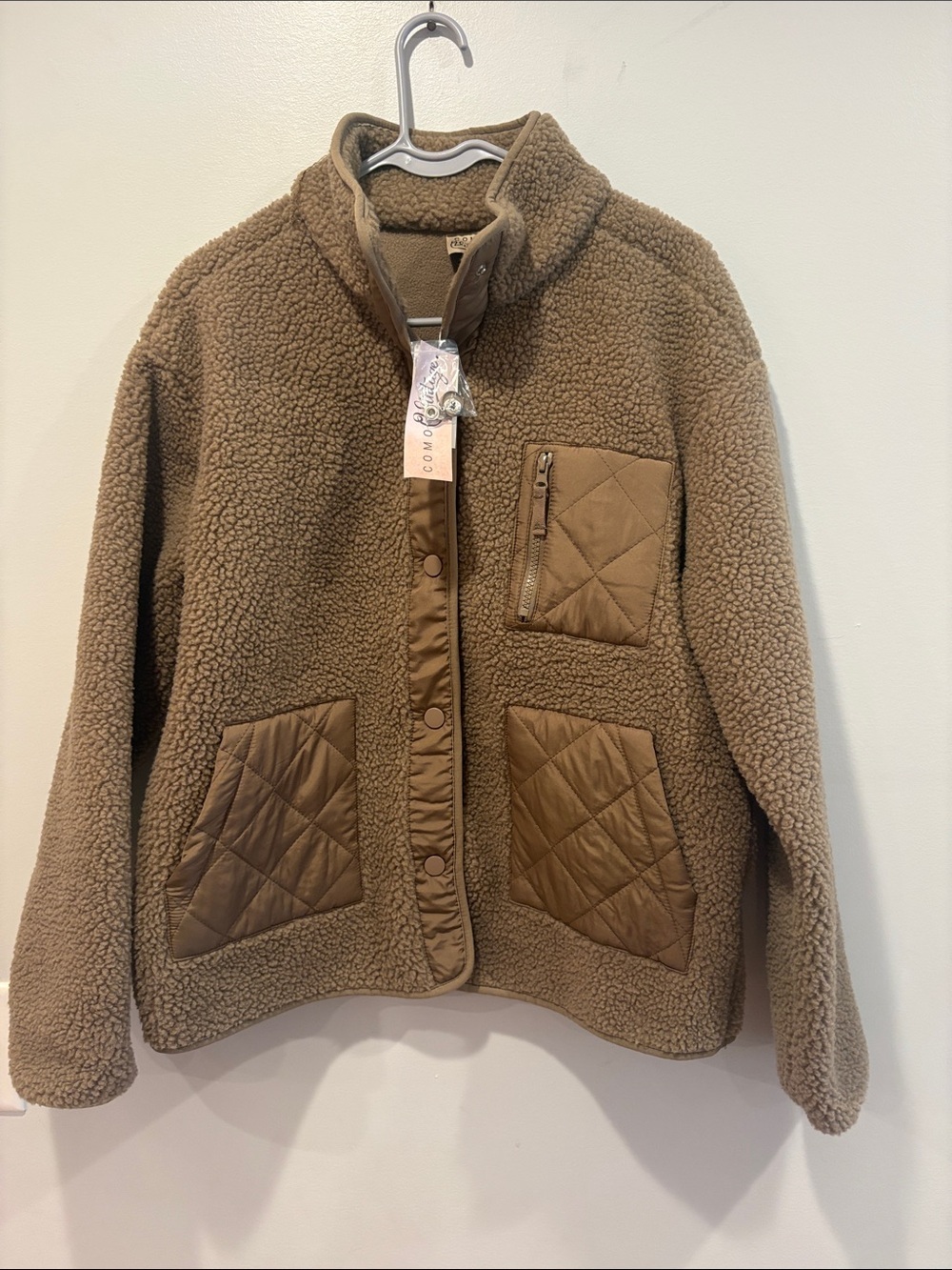 Como Vintage Brown Sherpa Puffer Jacket with Quilted Pockets ptp 21 length 25